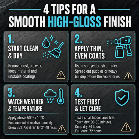 4 tips for applying Fresh High Gloss Wet Look Stone Sealer For Pavers And Concrete Tough Color Brightening Formula, including cleaning and drying.