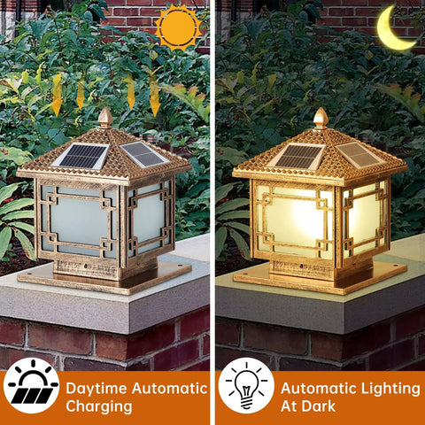 Solar Post Lights With Remote Control Energy Saving LED Column Lamp Outdoor Waterproof IP55 Bronze Pillar Lantern, daytime charging and night lighting