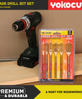 Spade Drill Bit Set 6 Piece Paddle Bits Three Eighths To One Inch With One Quarter Hex Shank For Woodworking packaging.