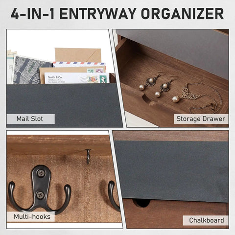 4-in-1 entryway organizer with mail slot, storage drawer, multi-hooks, and chalkboard, Efficient Mail Sorting Organizer For Office And School Keeps Your Desk Tidy And Mess Free With Durable Multi Compartment Design For Letters Documents And Envelopes Great For Busy Mailrooms