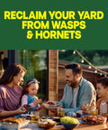 Family enjoying snacks outdoors while using Straight Shooting Flying Insect Killer Spray For Wasps And Hornets With A Powerful Jet Stream Two 14 Oz Cans.