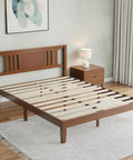 Heavy Duty Solid Pine Queen Platform Bed Frame With Stylish Headboard Thick Wood Slat Support in a cozy bedroom setting.