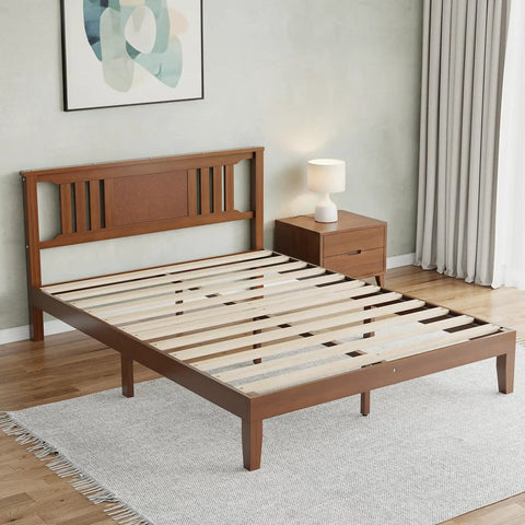 Heavy Duty Solid Pine Queen Platform Bed Frame With Stylish Headboard Thick Wood Slat Support in a cozy bedroom setting.