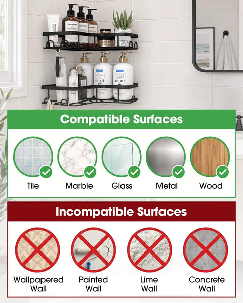 Corner Shower Caddy 2 Pack Adhesive Organizers For Bathroom No Drill Rustproof Stainless Steel Shelves with 8 Hooks on tiled wall