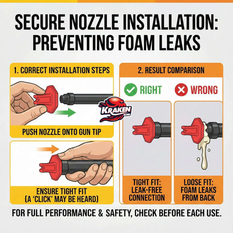 Secure nozzle installation guide for Heavy Duty Closed Cell Spray Foam Insulation Kit demonstrating correct steps to prevent leaks.