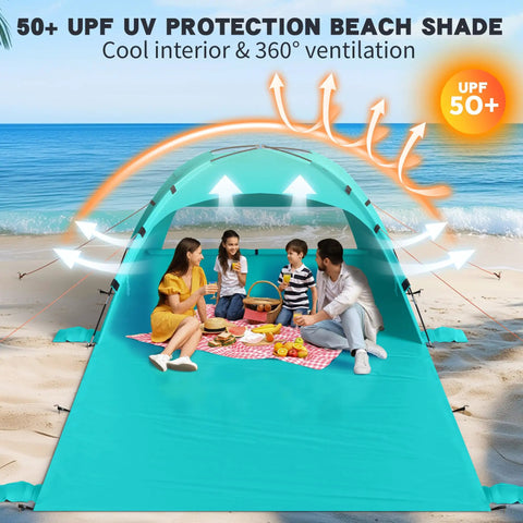 Family enjoying a picnic inside a Family Size Beach Sun Shelter With 114 By 82 Inch Extended Mat For 3 To 6 People, UPF 50 Plus UV Protection.