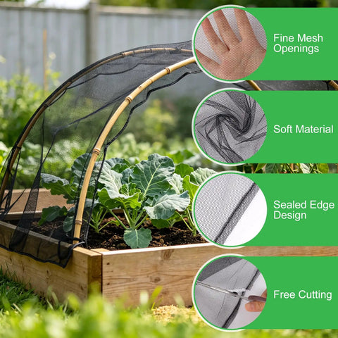 Sturdy Black Patio Mosquito Netting 9.8Ft By 18Ft Garden Mesh on raised garden bed showing fine mesh openings and soft material.