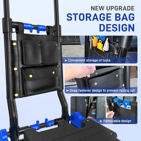 Close-up of storage bag on 2 In 1 Folding Hand Truck With Four Foldable Wheels And Retractable Handle Heavy Duty Moving Dolly Cart For On The Go Hauling Versatile Vertical Or Flatbed Design Sturdy Lightweight Built For Everyday Hauling 330 Lb Capacity Blue with snap fasteners and tool compartments.