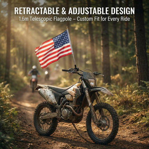 Motorcycle with flag attached using Sturdy Stainless Steel Flag Pole Mount For Motorcycles And Bicycles Adjustable Telescoping Flag