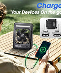 Ultra Quiet 10000mAh Portable Travel Fan With LED Lantern, Five Speed Options, placed on a table next to a charging phone.