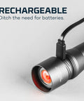 DaVinci 1000 Lumen Flashlight And Portable Charger With Magnetic Base, USB cable connected, highlighting rechargeable feature