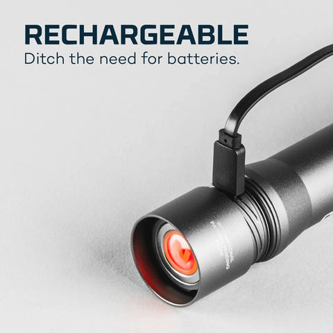 DaVinci 1000 Lumen Flashlight And Portable Charger With Magnetic Base, USB cable connected, highlighting rechargeable feature