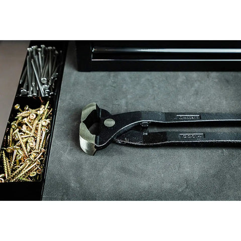 Heavy Duty End Cutting Nipper Pliers 14 Inch for nail and wire cutting with honed cutting edges and tempered handles on a workbench.