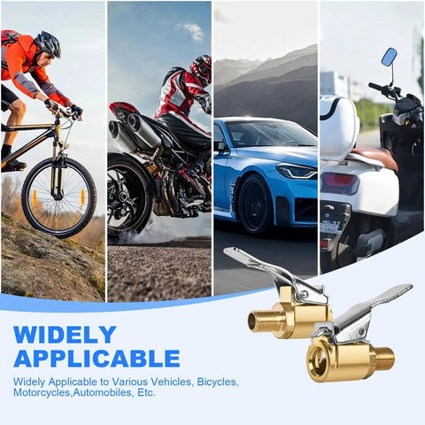 Brass Tire Inflation Hose Adapter With Locking Air Chuck for cars, bikes, motorcycles shown with vehicles in use, 2 pack