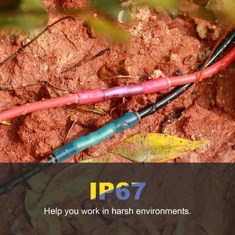 500 Pack Red Heat Shrink Butt Connectors AWG22-16 Must-Have Marine Grade Waterproof Wire Splice Connectors showcased in harsh environment.