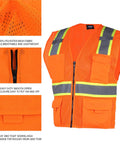 Hi Vis Mesh Safety Vest For Work With ANSI Class 2 Reflective Strips And Zipper, 8 Pockets, Breathable Quick Dry Polyester, Orange For Men