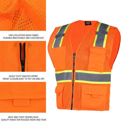 Hi Vis Mesh Safety Vest For Work With ANSI Class 2 Reflective Strips And Zipper, 8 Pockets, Breathable Quick Dry Polyester, Orange For Men