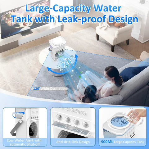 Image of Four In One Portable Misting Fan With Rechargeable 10000mAh Battery, 120° rotation, 900ml tank in a home setting.