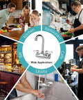 Leak Free Commercial Hand Sink Faucet With 4 Inch Center Wall Mount, Three And A Half Inch Gooseneck Spout, Dual Lever Handles, Brass Construction, Heavy Duty Bar Restaurant Kitchen Sink Fixture Built Tough, shown in various application settings.