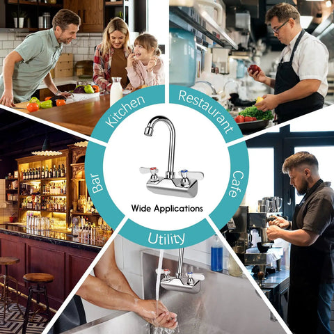 Leak Free Commercial Hand Sink Faucet With 4 Inch Center Wall Mount, Three And A Half Inch Gooseneck Spout, Dual Lever Handles, Brass Construction, Heavy Duty Bar Restaurant Kitchen Sink Fixture Built Tough, shown in various application settings.