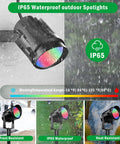 Outdoor RGB LED Flood Lights With Stakes 12W Color Changing Landscape Lighting 120V Plug In Waterproof Floodlight Kit With Remote 270 Degree Adjustable Memory Function 4 Pack For Garden Yard Path showcasing IP65 waterproof design and weather resistance.