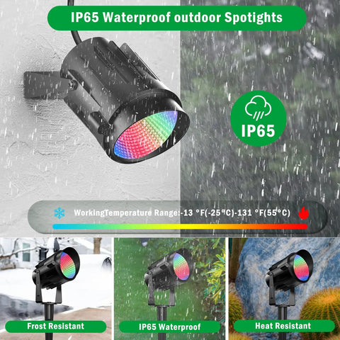 Outdoor RGB LED Flood Lights With Stakes 12W Color Changing Landscape Lighting 120V Plug In Waterproof Floodlight Kit With Remote 270 Degree Adjustable Memory Function 4 Pack For Garden Yard Path showcasing IP65 waterproof design and weather resistance.