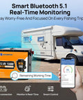 Beefed Up 12V 150Ah LiFePO4 Battery With Metal Shell Bluetooth Monitoring next to RV and phone screen showing battery status