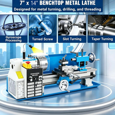 Upgraded 7X14 Inch Benchtop Mini Lathe Machine With Variable Speed And Knockout Precision built for heavy duty turning, drilling, and threading.