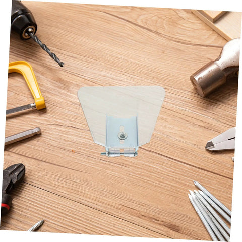 Two Pack Bench Grinder Shield Eye Protector on wooden table surrounded by tools, Pro Grade Heavy Duty Stainless Steel And ABS Guard Attachment
