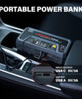 Portable 2500A Jump Starter with Air Compressor in car, USB ports visible, for gas and diesel engines, auto shutoff, 150 PSI.
