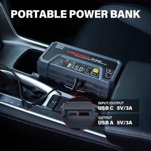 Portable 2500A Jump Starter with Air Compressor in car, USB ports visible, for gas and diesel engines, auto shutoff, 150 PSI.