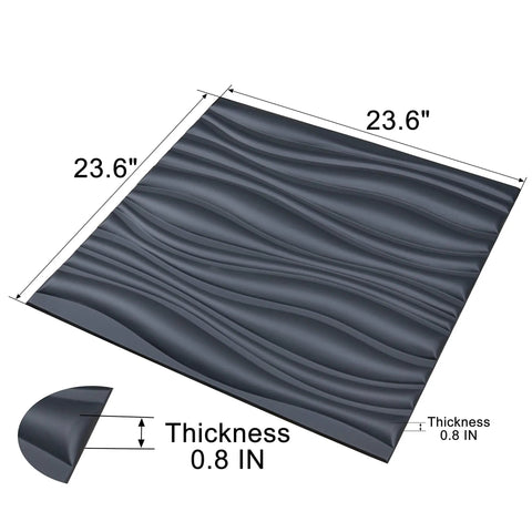 Dope 3D Leather Wall Tiles Set 6 Pack Black Wave Panels 23.6 Inch Square Each, dimensions and thickness view with wave design