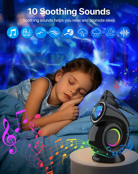 Child sleeping under starry sky with Galaxy Star Projector Night Light For Bedroom With Timer And Remote 4 In 1 White Noise Bluetooth Speaker