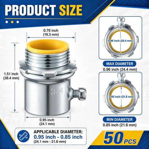 50 Pack Emt Set Screw Connector Three Quarter Inch Steel Electrical Conduit Coupling size details with measurements for installation.