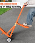 800 Lb Lawn Mower Lift With Mechanical Lift And Safety Arm, stable jack in use with foot assist on pavement, durable orange