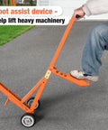 800 Pound Lawn Mower Jack With Foot Assist Lift For Zero Turn And Stand On Mowers Heavy Duty Orange Lift System With Safety Design And Multiple Lifting Points For Easy Access And Versatile Use, foot pedal in use