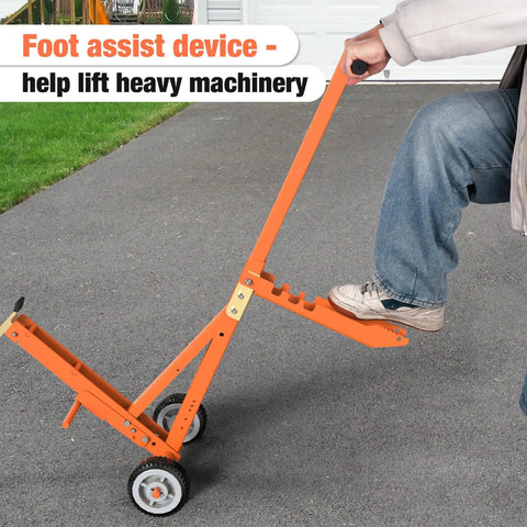 800 Pound Lawn Mower Jack With Foot Assist Lift For Zero Turn And Stand On Mowers Heavy Duty Orange Lift System With Safety Design And Multiple Lifting Points For Easy Access And Versatile Use, foot pedal in use