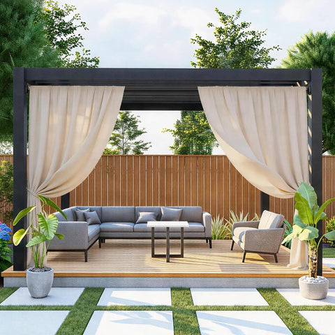 Outdoor setup using No Drill Tension Curtain Rod Set 51 To 168 Inches For Indoor Or Outdoor Use Extra Long Curtain Rod