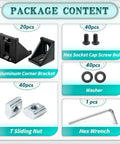 Package content of 20 Piece 4040 Aluminum Extrusion Profile Heavy Duty Connector Kit with brackets, T-slot nuts, bolts, washers, and wrench.