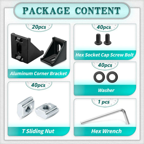 Package content of 20 Piece 4040 Aluminum Extrusion Profile Heavy Duty Connector Kit with brackets, T-slot nuts, bolts, washers, and wrench.