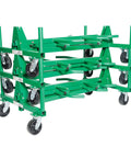 Heavy Duty Mobile Conduit And Pipe Rack Featuring Badass Seven Bin Jobsite Organizer With Hella Smooth Swivel Casters Fully Foldable Stackable Setup For Crews, green steel frame with swivel casters.