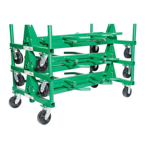 Heavy Duty Mobile Conduit And Pipe Rack Featuring Badass Seven Bin Jobsite Organizer With Hella Smooth Swivel Casters Fully Foldable Stackable Setup For Crews, green steel frame with swivel casters.