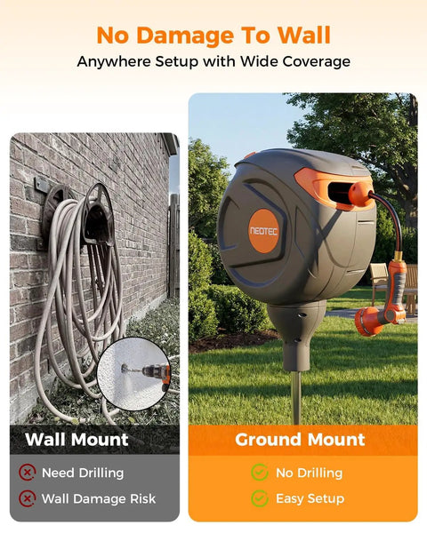 Comparison of wall and ground mount for retractable garden hose reel 82 ft 1/2 inch, showcasing no-drill base and easy setup.
