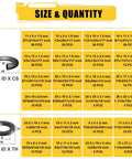 Size and quantity chart for 380 Piece Rubber And Silicone O Ring And Washer Kit With 16 O Ring Sizes And 8 Washer Sizes For Shower Hoses Faucets And Pressure Washers DIY Friendly With Screen Filter And 180 Degree Pick And Hook Tool For Sealing Repairs.