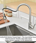 Universal Kitchen Faucet Head Replacement In Brushed Nickel With 17 Adapters For Pull Down Sink Sprayers Drip Free Abs Build in action over a sink.