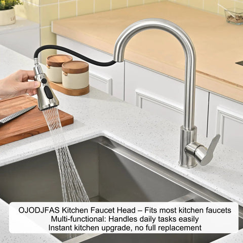 Universal Kitchen Faucet Head Replacement In Brushed Nickel With 17 Adapters For Pull Down Sink Sprayers Drip Free Abs Build in action over a sink.