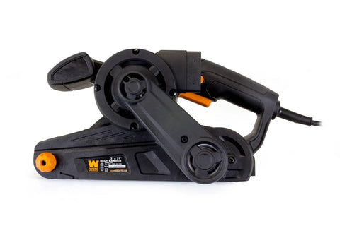 Go-To Corded Belt Sander With Dust Bag, 7 Amp Motor, lightweight six pound body, showing right side design with safety trigger.