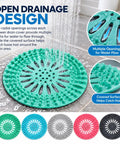 5 Pack Shower Drain Hair Catcher, 5.3 Inch Covers for Bathtub in teal with open drainage design, showing water flow and hair-catching surface.