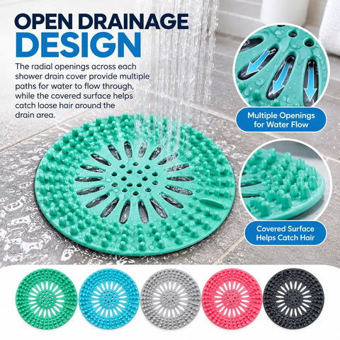 5 Pack Shower Drain Hair Catcher, 5.3 Inch Covers for Bathtub in teal with open drainage design, showing water flow and hair-catching surface.
