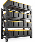 Heavy Duty Garage Shelving Units With 3044 Pound Capacity featuring black steel structure holding yellow-topped bulk totes.